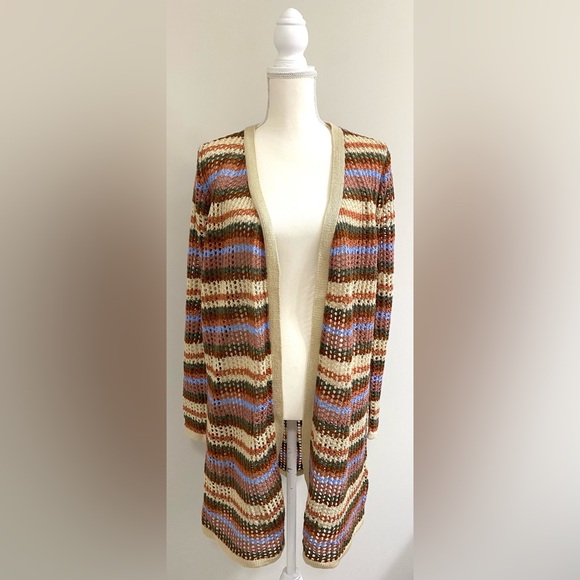 Rue21 Sweaters - Rue 21 Womens L Brown Tan Stripe Crochet Long Cardigan Sweater Boho Eclectic Y2K